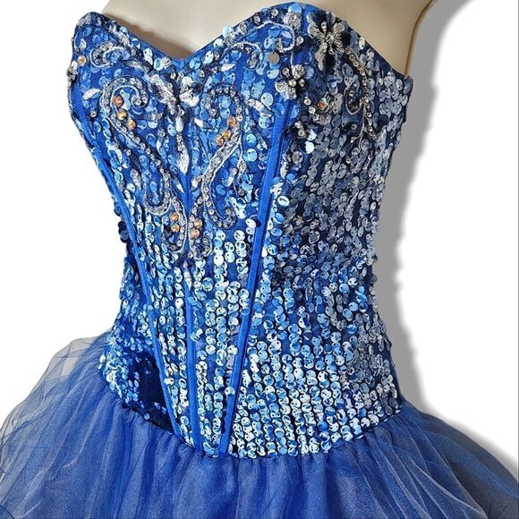 Samila Blue Sequin Embroidered Sweetheart Corseted Layered Tull Homecoming Dress - Picture 3 of 10